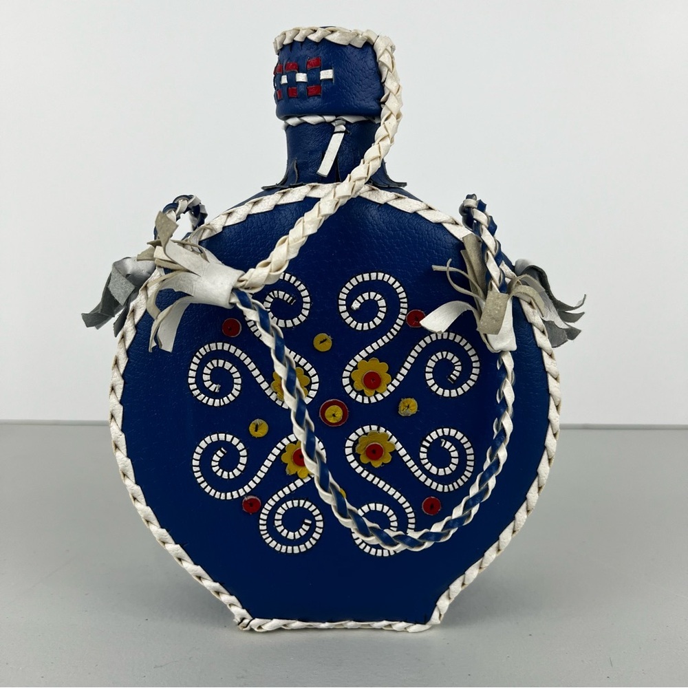 Vintage Folk Art Blue Floral Leather Covered Glass Bottle Canteen Decanter Flask - Picture 3 of 12
